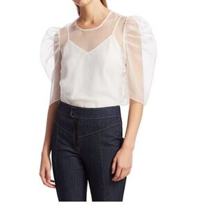Cinq à Sept Erin Sheer Silk Organza Puff Sleeve Top White NWOT Size S